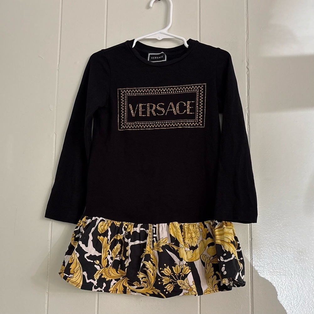 Versace Girls Baroque Logo Dress Black Gold Crystal 4A 104cm Luxury Kids